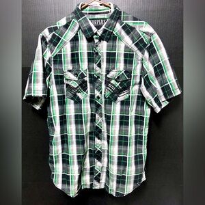 💫Surplus green plaid short sleeve button down shirt